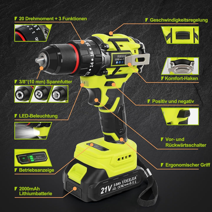 21V Akkuschrauber Set, Bürstenlose Akku bohrhammer mit 2*2000 mAh Akku, 3/8" Bohrfutter, 20+3 Drehmo
