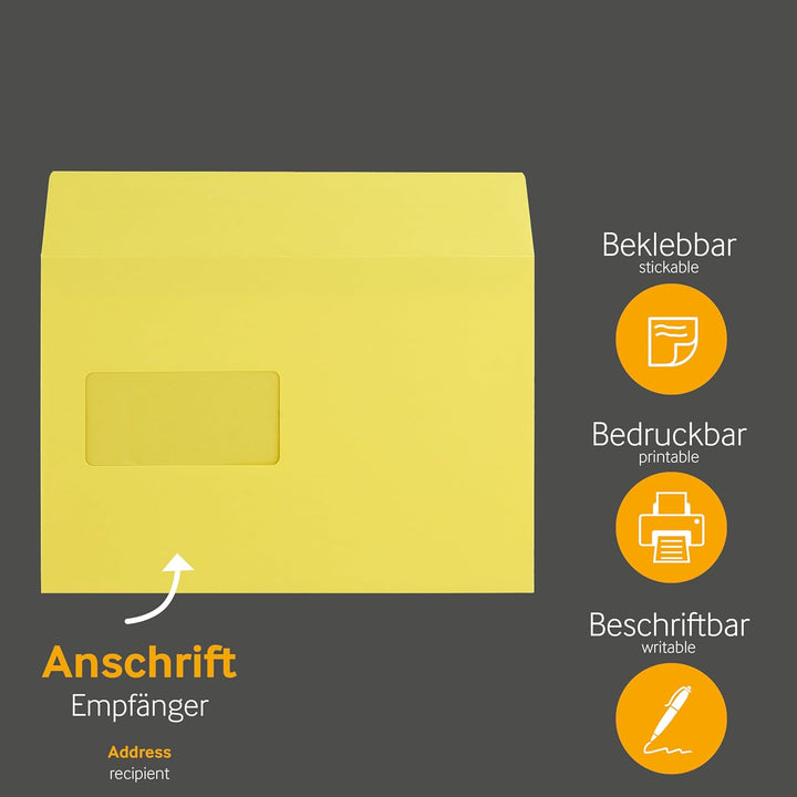 100 Stück, Farbige Briefumschläge, DIN C5, Haftklebung mit Abziehstreifen, Gerade Klappe, 130 g/qm C