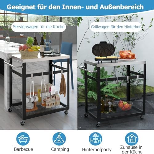 Generisch Grilltisch Outdoor, Grillwagen mit 2 Ablagen & 4 Rädern & Griff & 4 Haken, Pizzatisch Beis