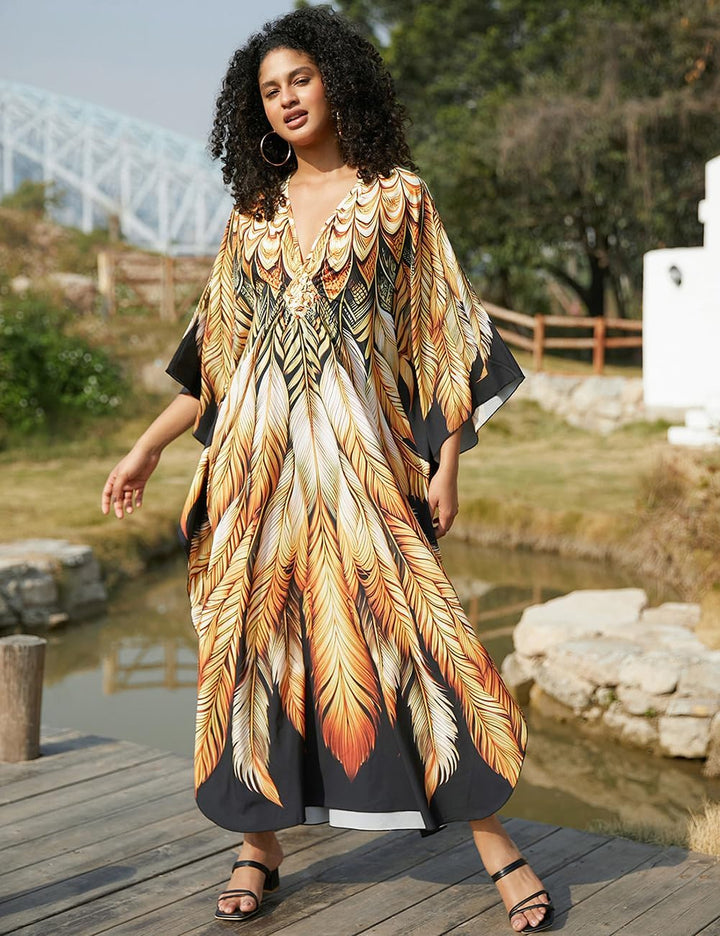 Bsubseach Damen Ethnic Print Kaftan Beach Dress Plus Size Strandkleid Goldene Feder, Goldene Feder