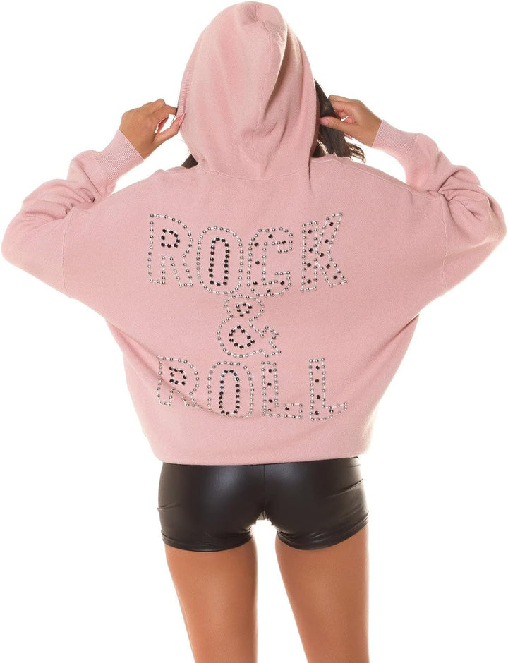 Oversize Langarm Hoodie Kapuzen Pullover mit Deko Nieten Einheitsgrösse Rosa, Einheitsgrösse Rosa