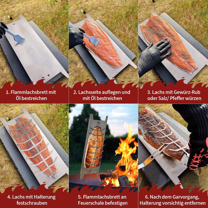 Flammlachsbrett Edelstahl, 180° Drehbar Flammlachsbretter, 5 Stufen Winkelsystem, Lachsbretter zum G