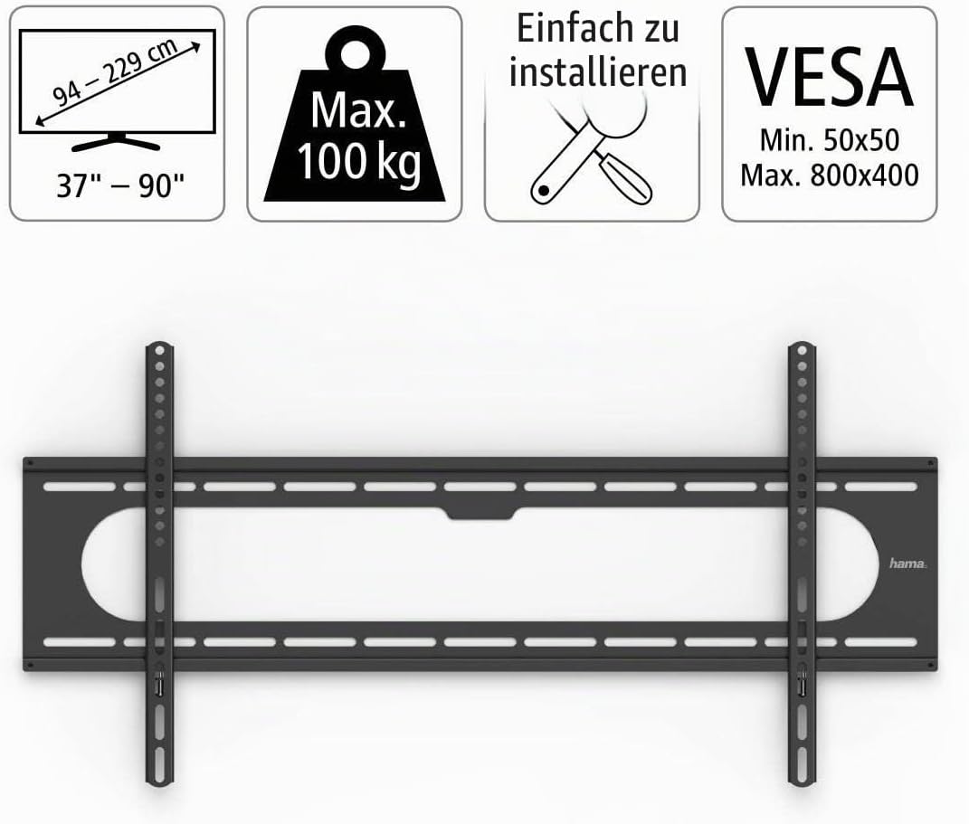 Hama TV Wandhalterung (37 - 90 Zoll TV Halterung für Fernseher bis zu 100kg, max. VESA 800x400, fest
