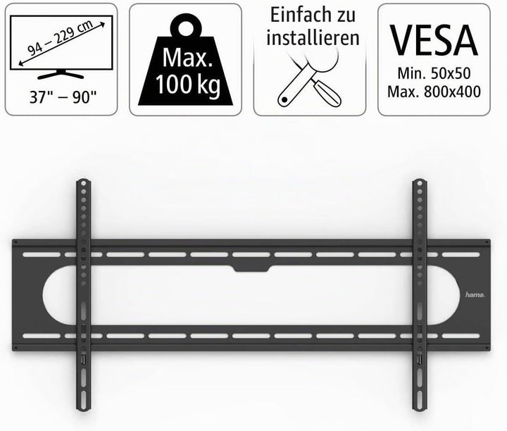 Hama TV Wandhalterung (37 - 90 Zoll TV Halterung für Fernseher bis zu 100kg, max. VESA 800x400, fest
