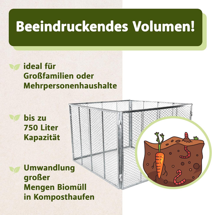 NATIV Garten Komposter 80x80x70 cm galvanisiert, Metallkomposter mit 448 Litern, Drahtkomposter für