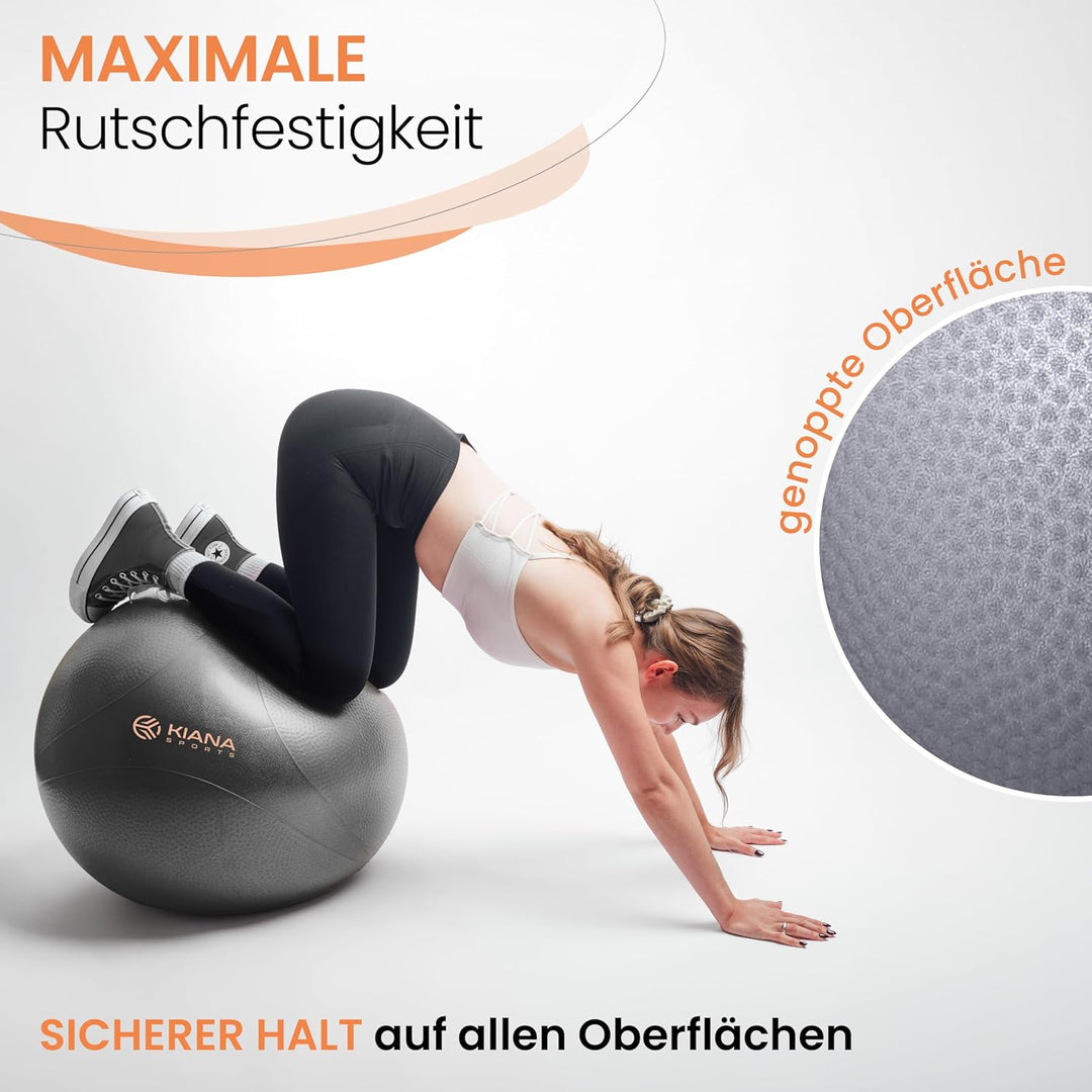 KIANA SPORTS® Gymnastikball &amp; Sitzball - 4 Grössen - Deutsche Entwicklung - Rutschfester Yoga Ball m