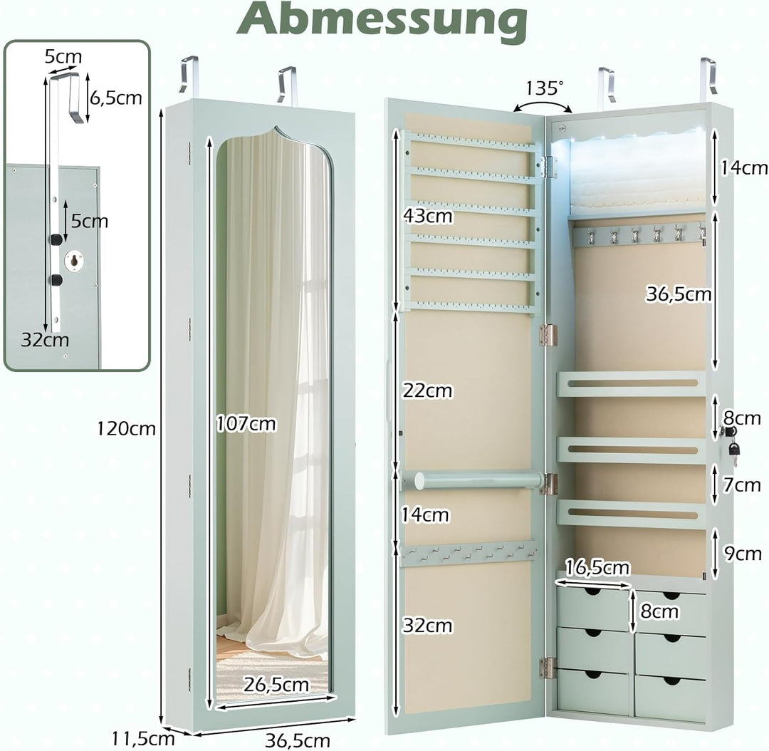 GOPLUS Schmuckschrank mit Schloss & 2 Schlüsseln, Schmuckregal mit LED-Beleuchtung, Spiegelschrank m