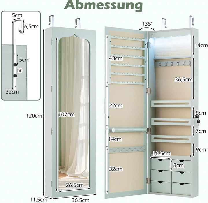 GOPLUS Schmuckschrank mit Schloss & 2 Schlüsseln, Schmuckregal mit LED-Beleuchtung, Spiegelschrank m