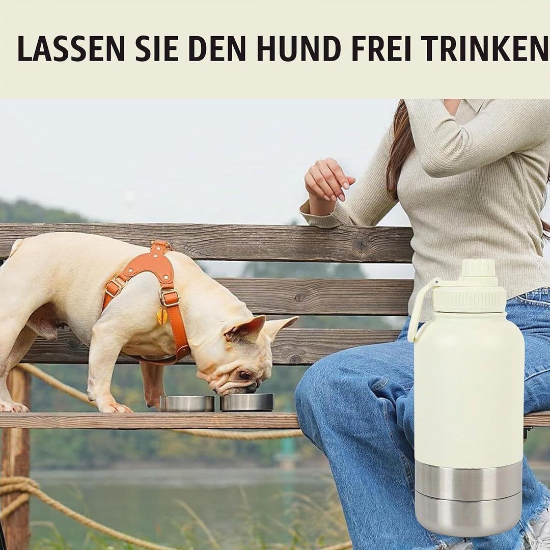 Pets Hundetrinkflasche für Unterwegs, 950ml Isolierte Edelstahl Trinkflasche Hunde mit Futterbehälte
