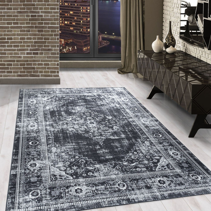 Waschbarer Teppich, Didigitaldruck Orientteppiche, Rechteckig, Schwarz - Grau - Weiss Farbe, Flachge