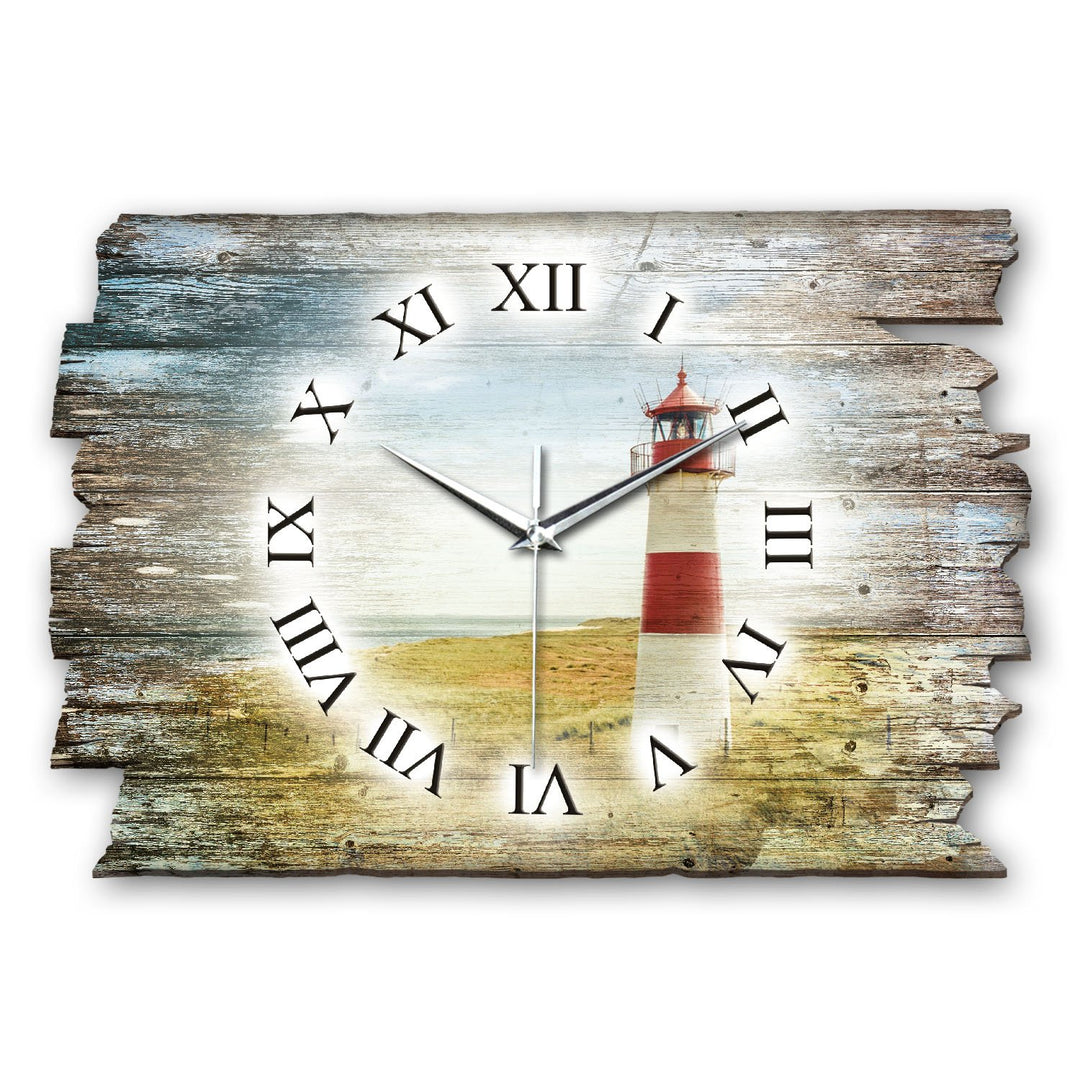 Kreative Feder Leuchtturm Rot Landhaus Shabby Style Designer Wanduhr Funkuhr aus Holz *Made in Germa