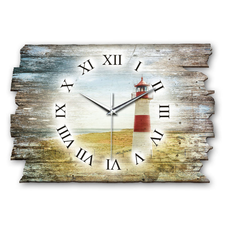 Kreative Feder Leuchtturm Rot Landhaus Shabby Style Designer Wanduhr Funkuhr aus Holz *Made in Germa