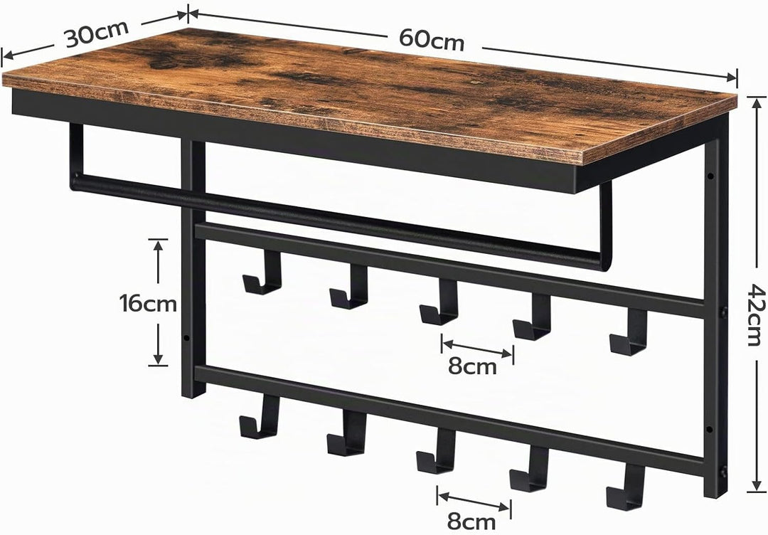 HOOBRO Wandgarderobe mit Ablage, Wandregal mit 10 Haken und Stangen, Wandmontiertes Hängeregal, 60 x