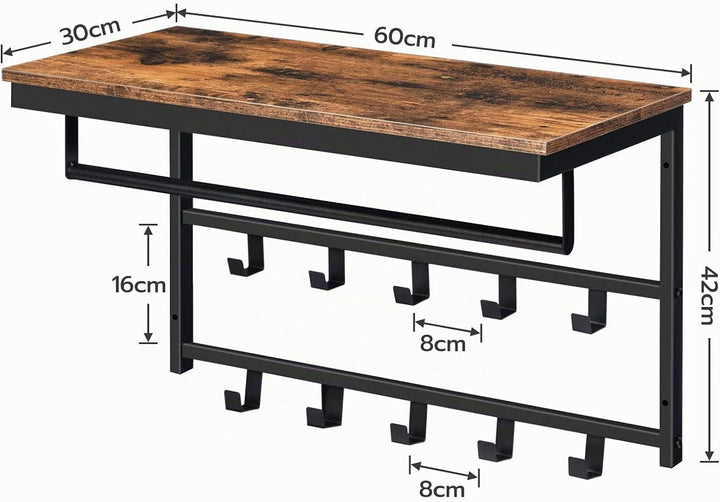HOOBRO Wandgarderobe mit Ablage, Wandregal mit 10 Haken und Stangen, Wandmontiertes Hängeregal, 60 x