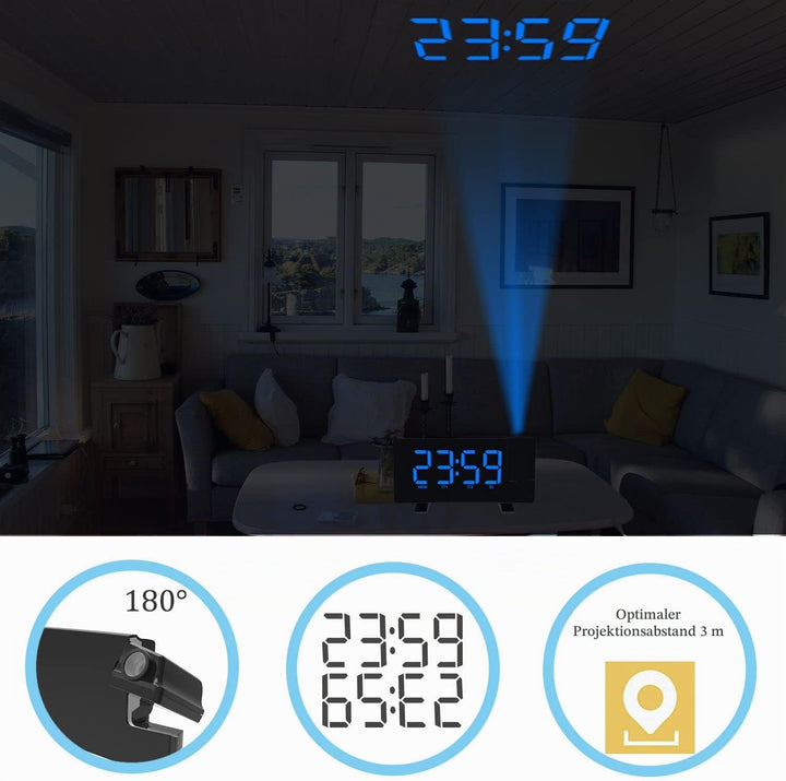 VORRINC Projektionswecker, Digital Wecker Radiowecker mit Projektion 180 °, USB-Anschluss Doppelalar