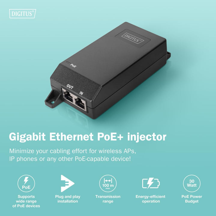 DIGITUS PoE+ Injektor – 1 Gbit/s – 30W PoE-Budget – IEEE802.3at | 100m Reichweite – R45-Ein- und Aus