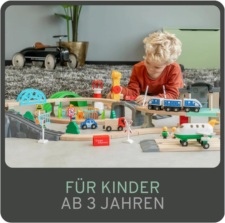 Bandits & Angels Holzeisenbahn-Set Transportthema 100 Teile ab 3 Jahren für Jungen und Mädchen – Hol