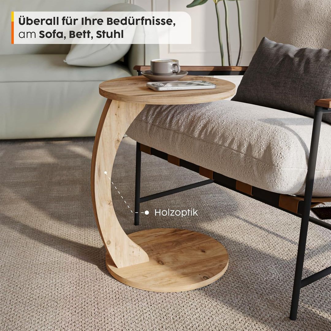 sugodesign Couchtisch mit Rollen, Kleiner Beistelltisch C Form, stylischer Sofatisch aus Holz in sch