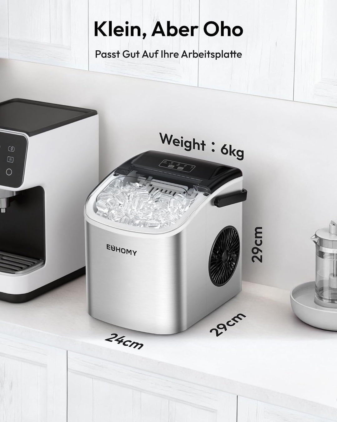 EUHOMY Eiswürfelmaschine Klein, 9 Eiswürfel in 6 Minuten, 12 kg/24H, Eiswürfelmaschine Edelstahl mit