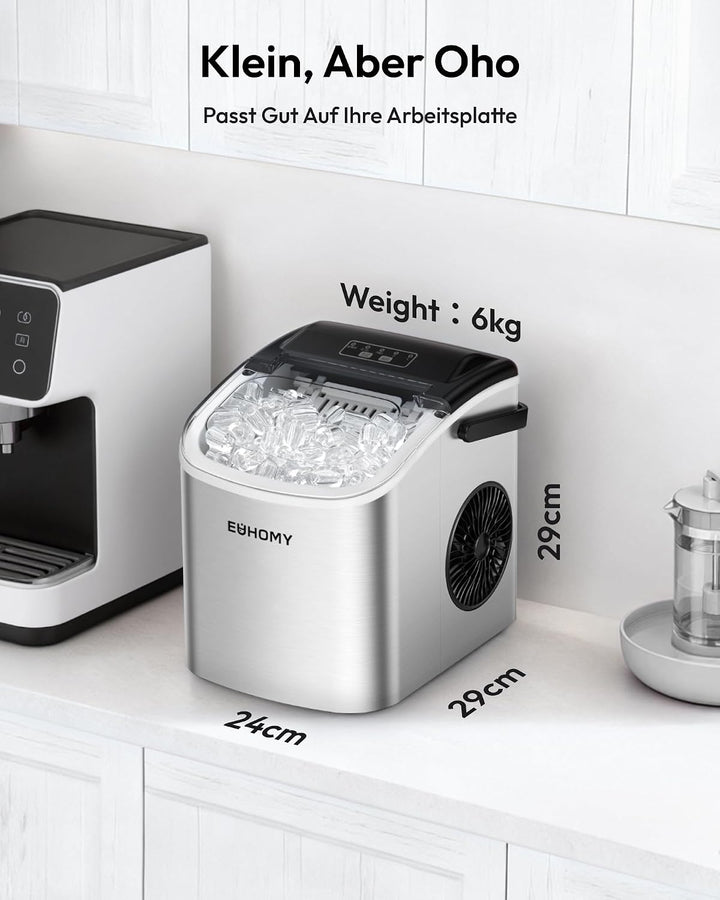 EUHOMY Eiswürfelmaschine Klein, 9 Eiswürfel in 6 Minuten, 12 kg/24H, Eiswürfelmaschine Edelstahl mit