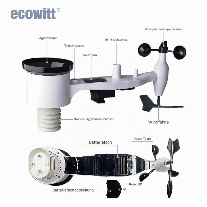 ECOWITT Wlan Wetterstation funk mit Aussensensor HP2561, 7 in 1 WiFI Solarbetriebene Wetterstation m