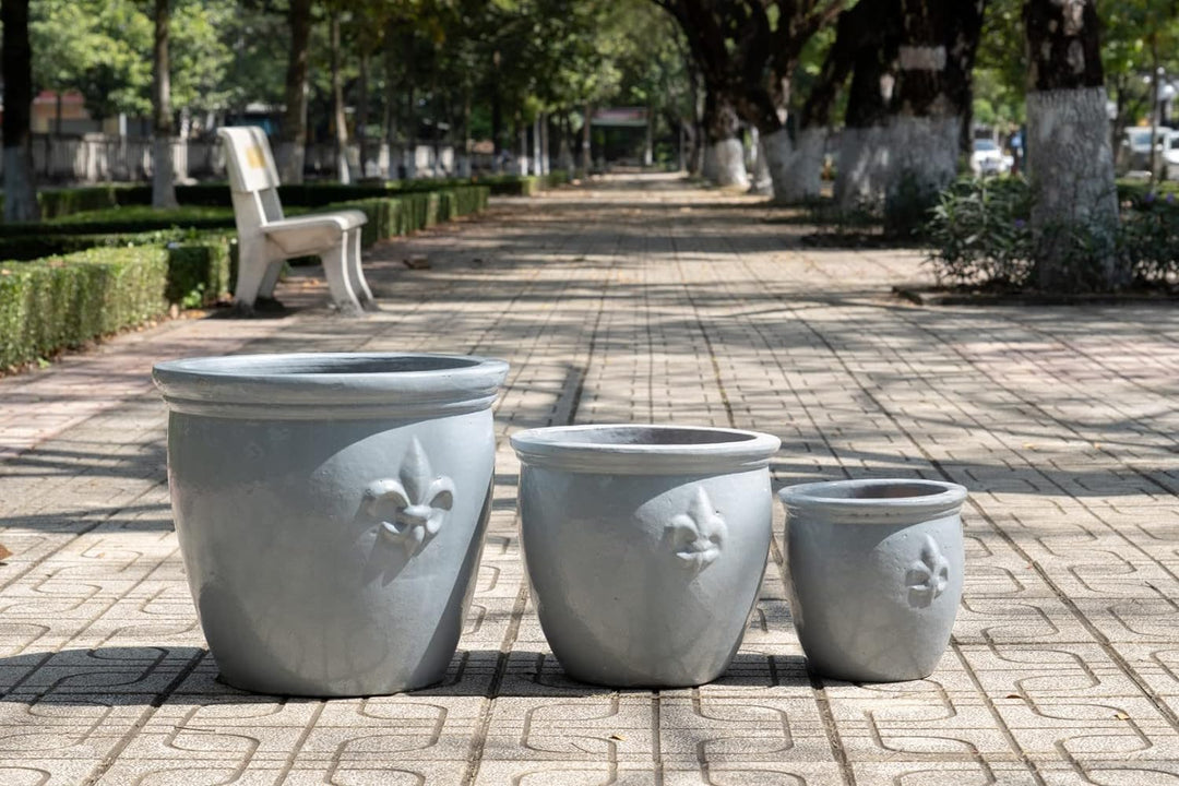 Pflanzgefäss Blumentopf Übertopf Fleur de LYS mit Lilie Keramik Blau Weiss Grau glasiert absolut Fro