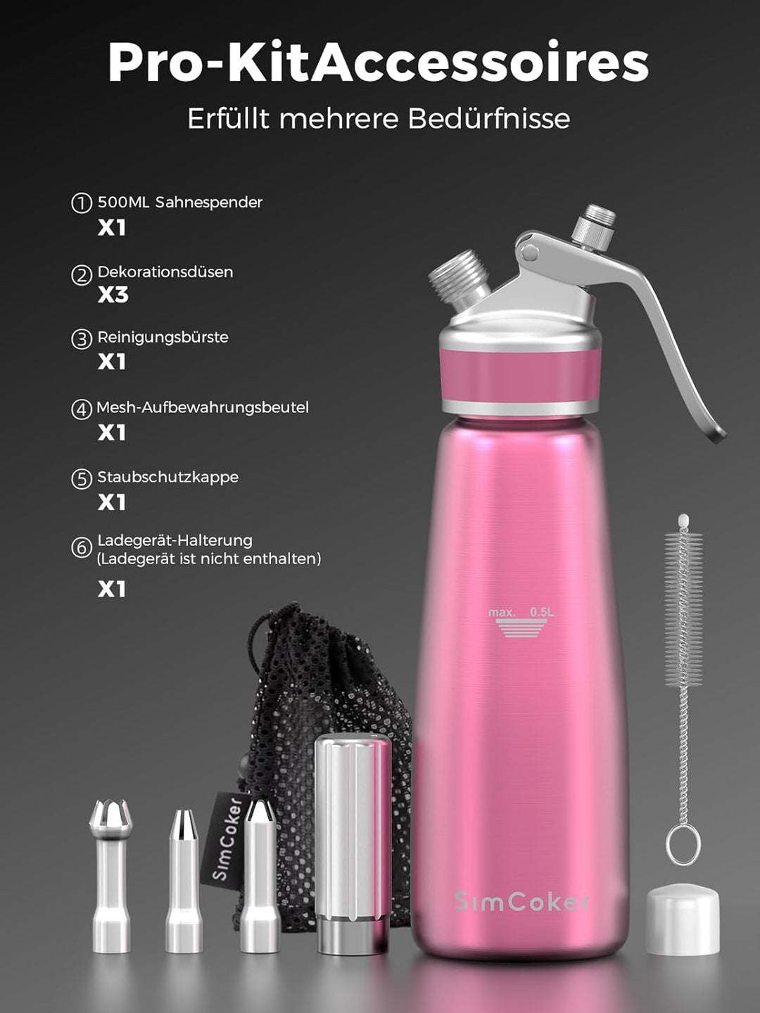 SimCoker Sahnespender 500ml, Aluminium Schlagsahnebereiter für Schlagsahne, Cremes und Sossen,Sahnes