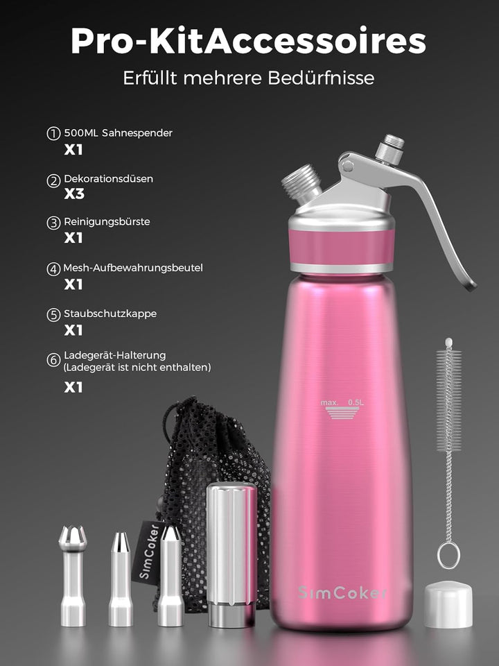 SimCoker Sahnespender 500ml, Aluminium Schlagsahnebereiter für Schlagsahne, Cremes und Sossen,Sahnes