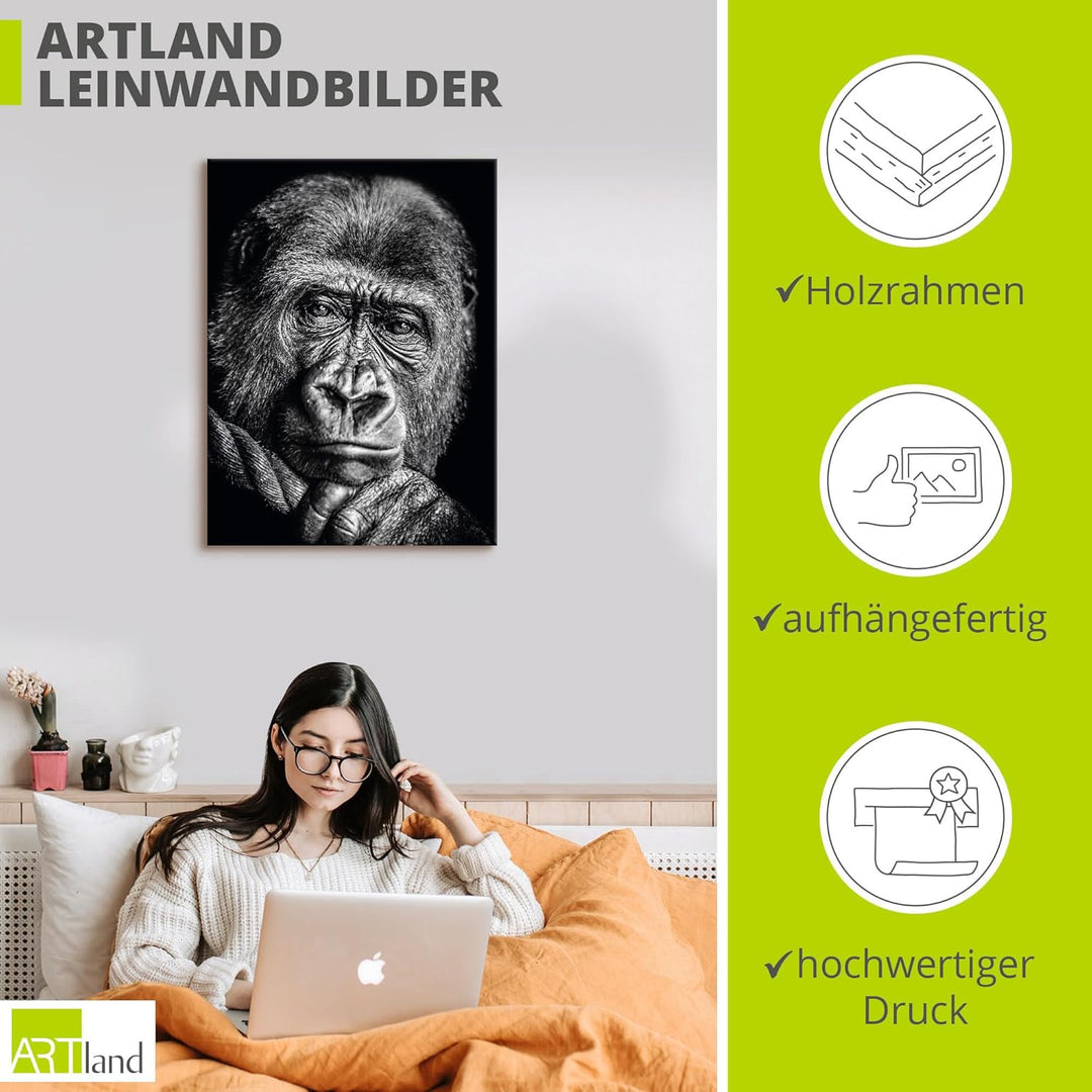 ARTland Leinwandbilder Wandbild Bild auf Leinwand 30x40 cm Wanddeko Gorilla Porträt Tiere Affe Asien