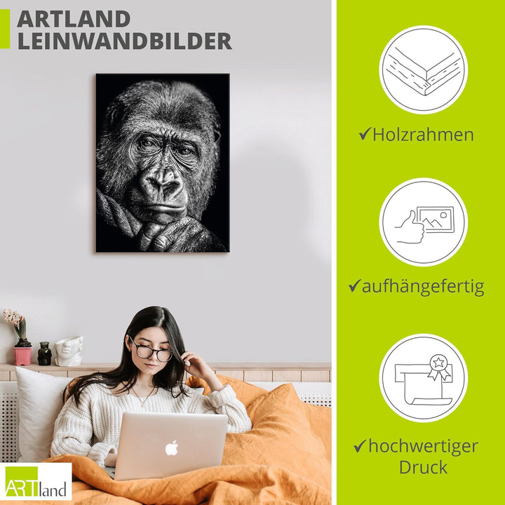 ARTland Leinwandbilder Wandbild Bild auf Leinwand 30x40 cm Wanddeko Gorilla Porträt Tiere Affe Asien