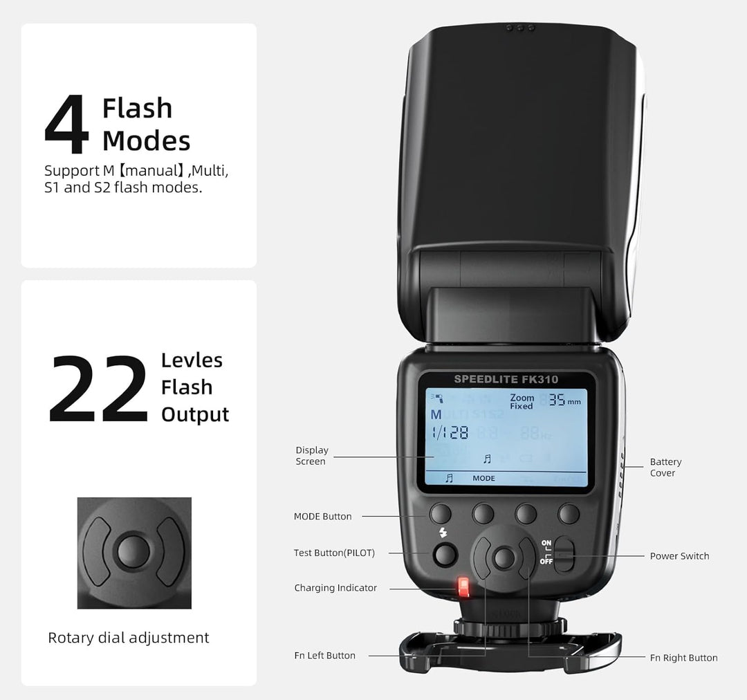 PHOTOOLEX FK310 LCD Blitz Flash Speedlite für Canon Nikon Sony Panasonic Olympus Pentax Fujifilm Sig
