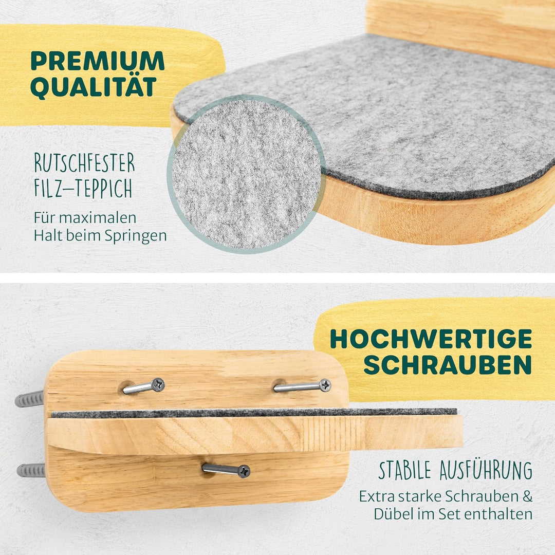 HAPPYPET Katzentreppen 3er-Set für Wandmontage - Nachhaltiges Hartholz, Designer Kletterwand Katzen,