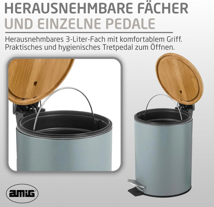 Amig – Kosmetikeimer mit Pedal 3L Naturline – Grau und Bambus – Hygienische Öffnung – Ø16,8 x 23 cm