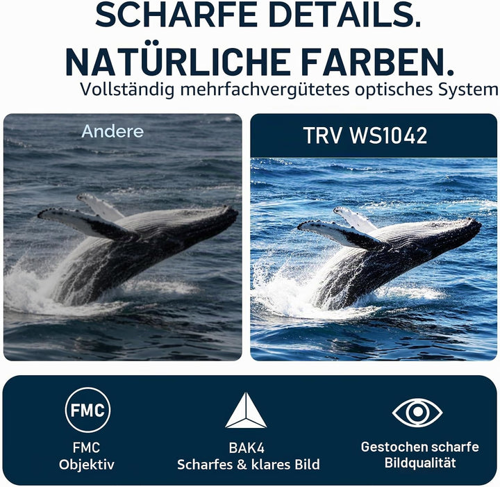 TRV Fernglas für Erwachsene, 10 x 42, leistungsstark, wasserdicht, beschlagsicher, BAK4-Prisma, mit