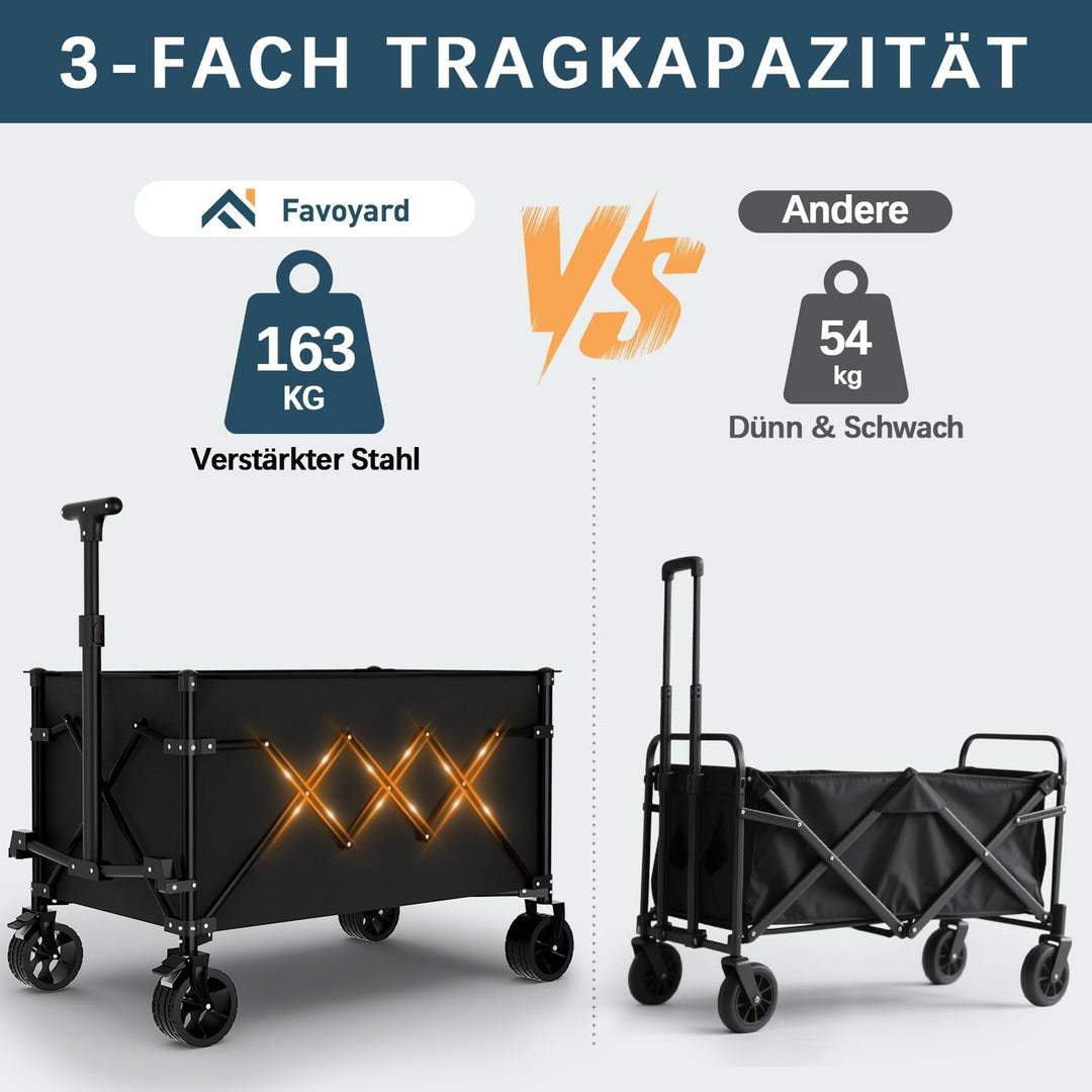 Favoyard Faltwagen 150L &amp; 163kg Tragkraft Klappbarer Bollerwagen mit All-Terrain-Rädern &amp; Bremse Lei