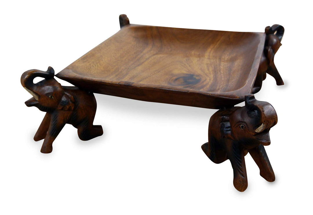 livasia Obstschale, Gebäckschale mit Elefanten aus Holz, Brotschale, asiatische Deko Schale eckig, H