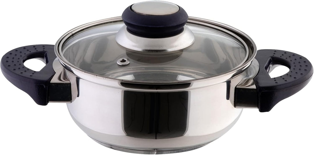axentia Edelstahl-Topfset Karin 6-teilig, 5 Kochtöpfe & 1 Stiel-Kasserolle mit Glasdeckel, mit Schüt