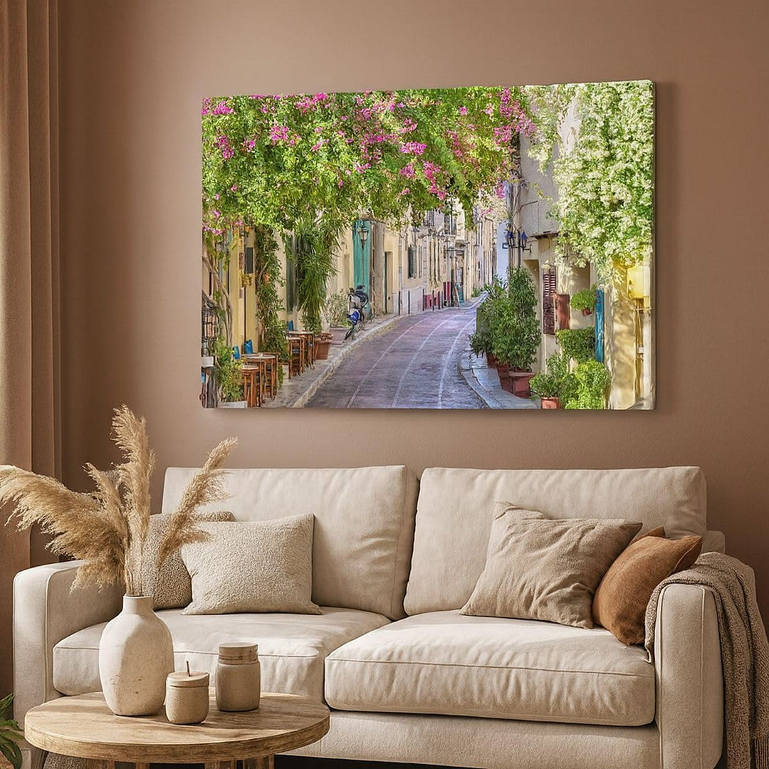 Bilder auf Leinwand 100x70cm Leinwandbild Strasse dekoration blumen griechenland Gross Wanddeko Bild