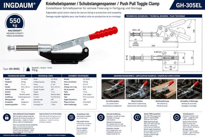 INGDAUM® 1 Stück GH-305EL Schubstangenspanner, Einstellbarer Schubstangenspanner, Kniehebelspanner,