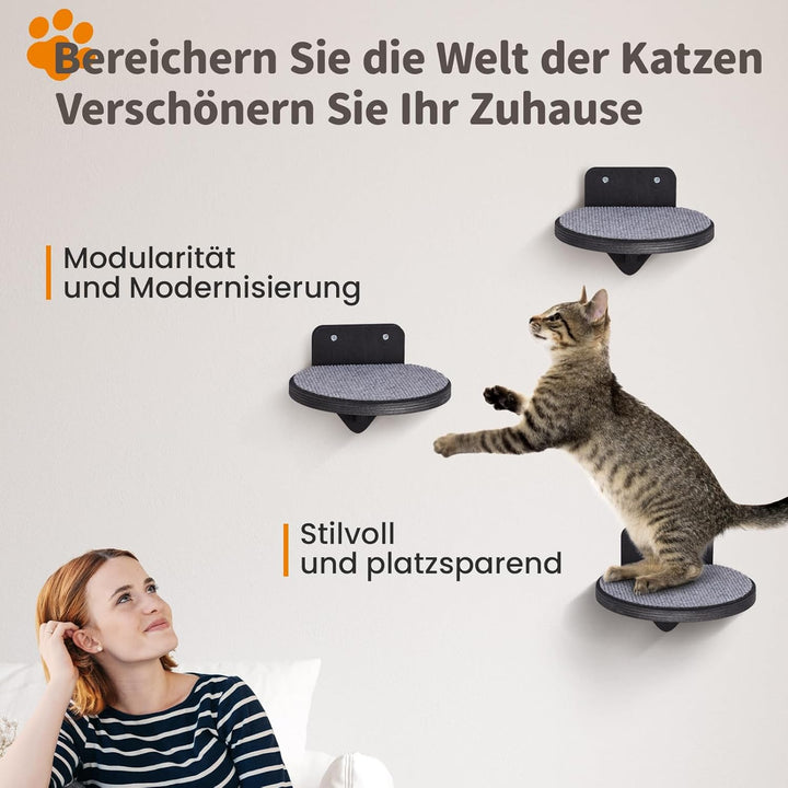 XL Premium Kletterwand Katzen aus Birkenholz | 3er-Set Katzentreppen mit Kratzflächen | Wandmontage