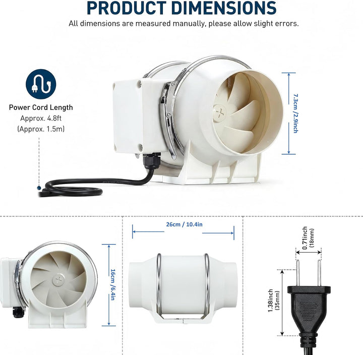 75mm Rohrventilator Kanalventilator mit Druckknopfschalter | 120 CFM Inline-Lüfter Abluftventilator,