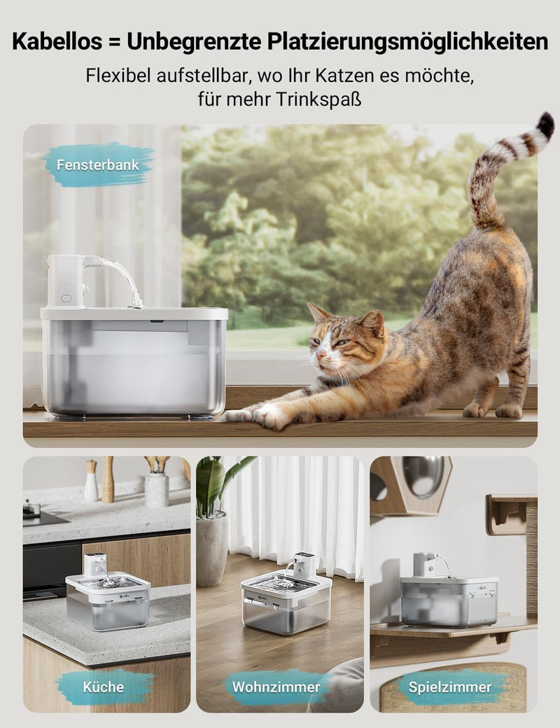 DownyPaws Katzenbrunnen Kabellos, 2.5L Trinkbrunnen für Katze mit Bewegungsmelder, Batteriebetrieben