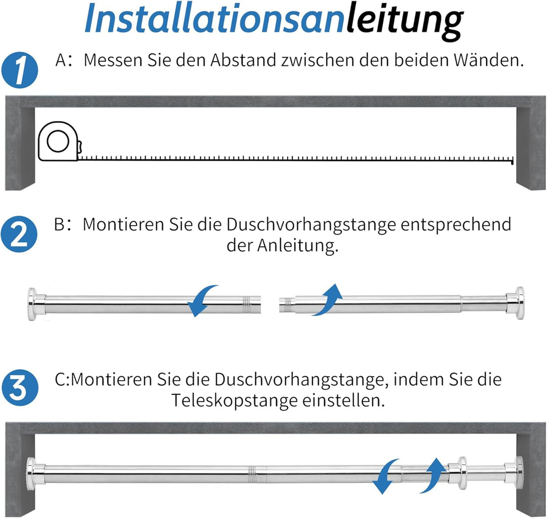 Teleskopstange 70-255CM Ausziehbar Duschvorhangstange Duschstange ohne Bohren Silber Klemmstange zum