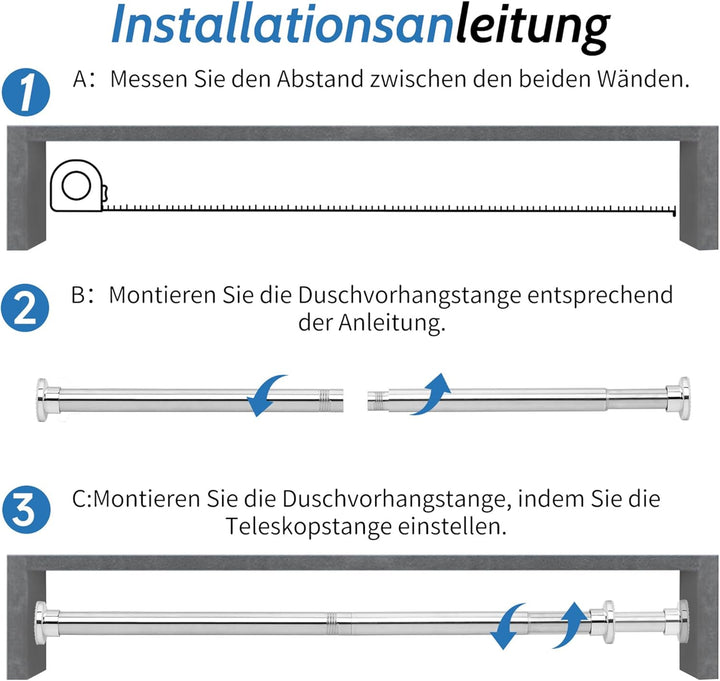 Teleskopstange 70-255CM Ausziehbar Duschvorhangstange Duschstange ohne Bohren Silber Klemmstange zum