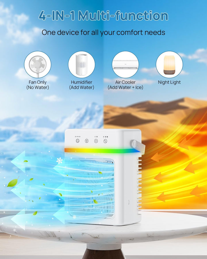 Klimaanlage Mobil 4-IN-1, Mini Mobiles Klimagerät mit 900ML Wasserkühlung, USB betrieben, 3 Geschwin