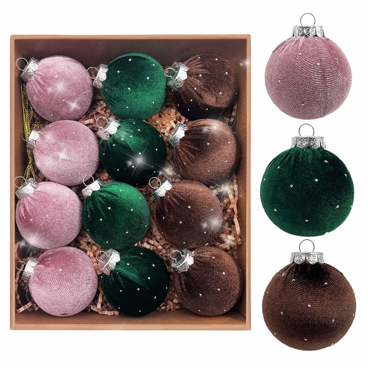 SNAIL GARDEN 12 Stück Glitzer-Samt-Weihnachtskugeln mit Goldenen Schnüren, 6cm Weihnachtsbaum-Dekora