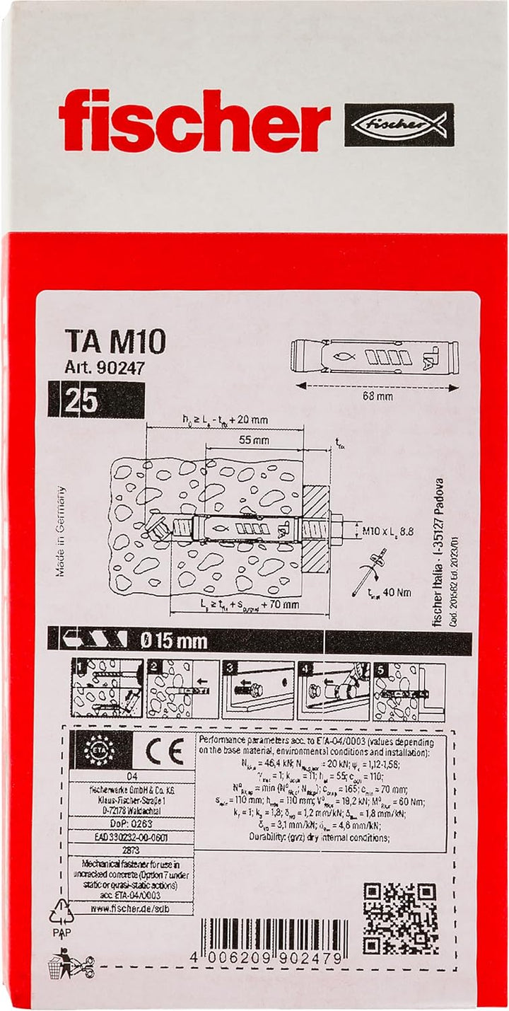 fischer 90247 TA M10 Schwerlastanker verzinkt mit Zulassung 25 Stück, M10