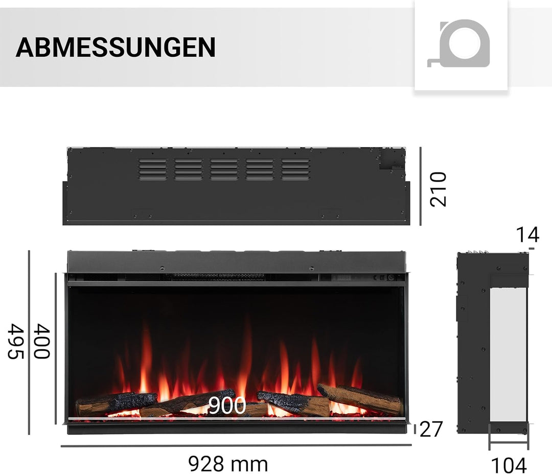 CrownFlame Athena 36" Elektrokamin - Elektrischer Einbaukamin mit Heizung - realistischer 3D-Flammen