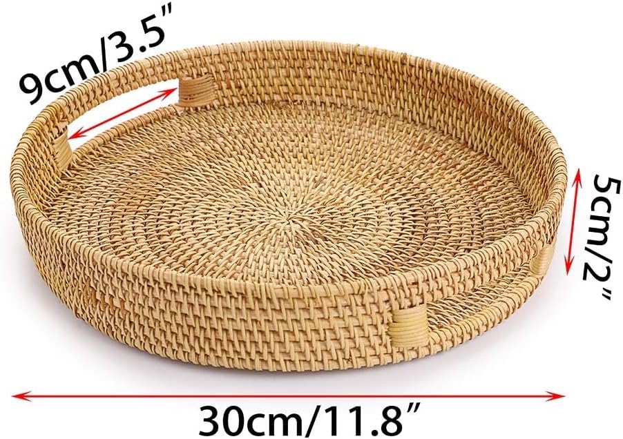 SUMNACON Rundes Rattan-Serviertablett mit Griffen, dekoratives Tablett für Getränke, Frühstück, Tee,