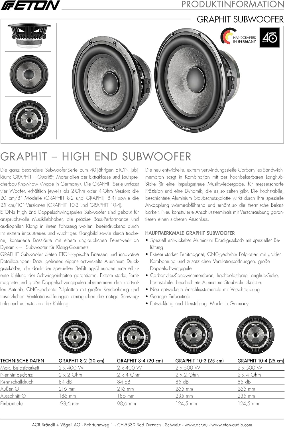ETON Graphit 10-4 – High End 25 cm (10“) Doppel Schwingspulen Subwoofer, Basstreiber fürs Auto, Bass